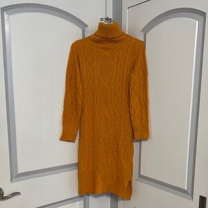 Cozy Mustard Cable Knit Turtleneck Dress